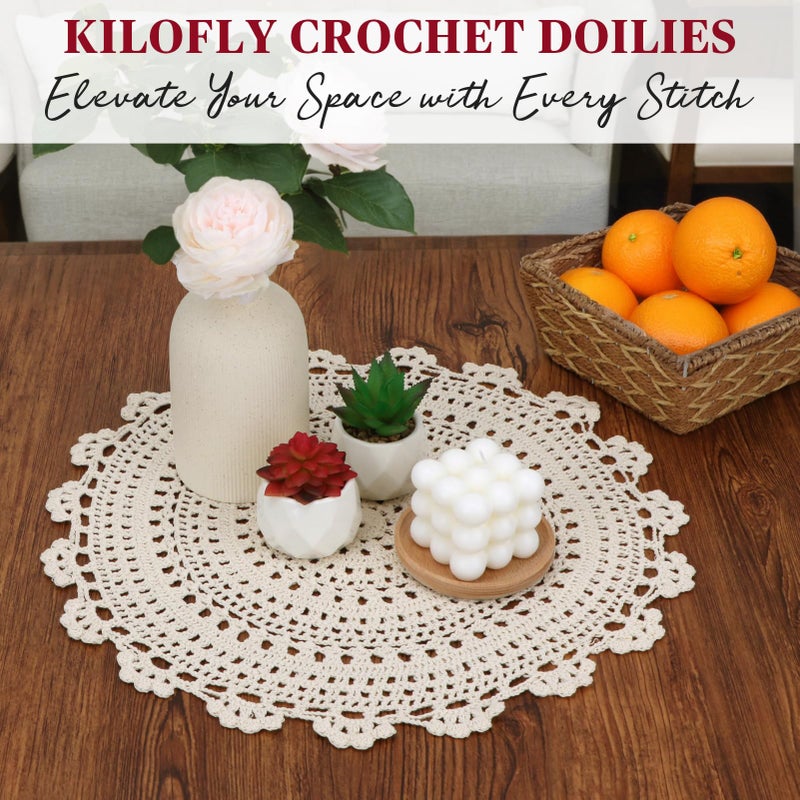 kilofly Handmade Crochet Round Cotton Lace Table Placemats Doilies Value Pack [Set of 4], Medallion,17 inch, Beige - Image 5